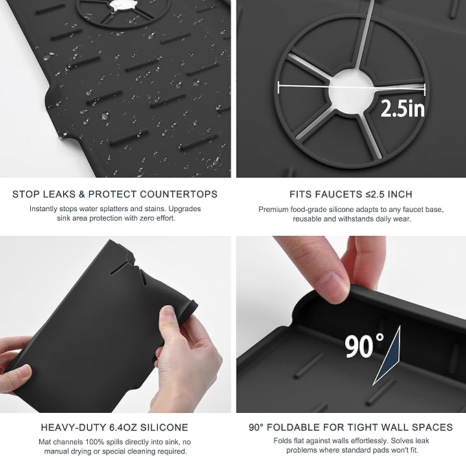 Kitchen Faucet Sink Splash Guard, Silicone Faucet Water Catcher Mat – Sink Draining Pad Behind Faucet, Grey Rubber Drying Mat for Kitchen & Bathroom Countertop Protect -Black