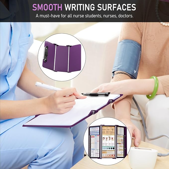 Nursing Clipboard Foldable w/Nursing Edition Cheat Charts, 3 Layers Aluminum, Nurse Board w/Low Profile Clip&Pen Clip Pocket Blank for Nurses, Doctors, Dark Purple