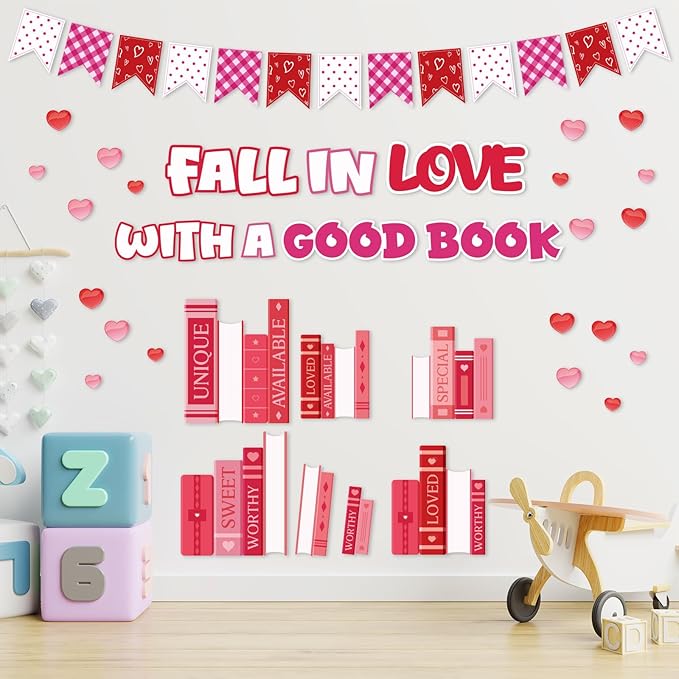 69Pcs Valentine's Day Reading Bulletin Board Decorations, Valentines Library Classroom Bulletin Board Set Heart Book Cutouts Home Window Door Wall February Party Decor for Teacher
