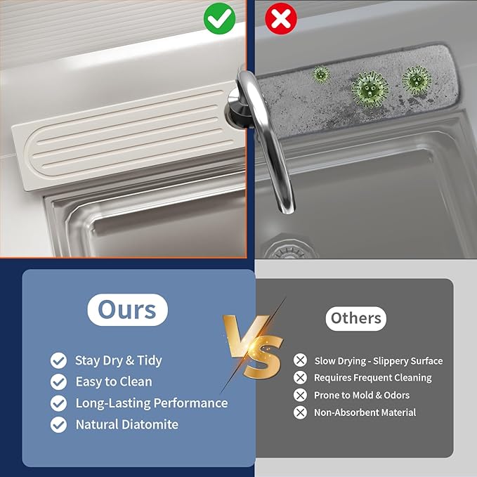 Kitchen Faucet Mat, Quick Drying Diatomite Sink Faucet Mat Splash Guard for Kitchen, Water Absorbing Stone Tray for Sink, Absorbent Stone Drying Tray for Bathroom Counter
