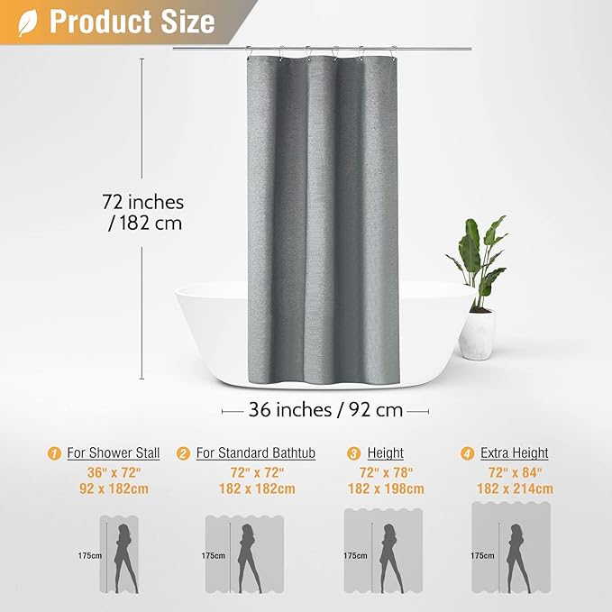 BTTN Stall Grey Fabric Shower Curtain, 230GSM Linen Textured Heavy Duty Cloth Shower Curtain Set with Hooks, Waterproof Neutral Weighted Luxury Decorative Shower Curtains for Bathroom(Gray, W36xH72)