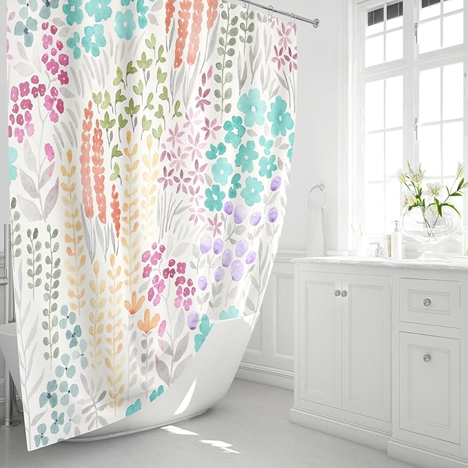 Extra Long Shower Curtain 72 x 84 Inch, Teal Blue Tall Cute Floral Shower Curtain for Bathroom, Turquoise Wildflower Boho Cottagecore Fabric Shower Curtain Set with Hooks