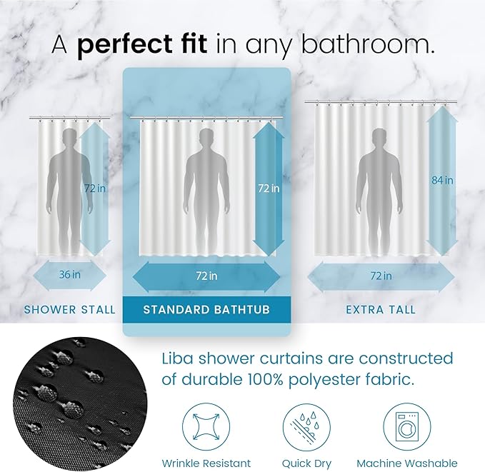 LiBa Black Shower Curtain, Heavy Duty Fabric, Soft Cloth Shower Curtain Liner, Hotel Quality with Magnets Shower Curtains for Bathroom, 72 x 72 Inches(Black)