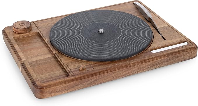 PICNIC TIME Turntable Cheese Board with Knife, Retro Vinyl Record Charcuterie Board, Spinning Lazy Susan Serving Slate Tray with Chalk for Labeling, (Acacia Wood)