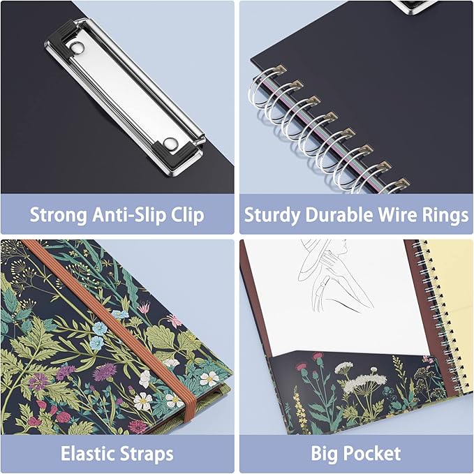 Rimilak Spiral Clipboards Folio with Refillable Lined Notepad, 14.5 x 9.8 In, Hardcover Cover with 5 Interior Pockets, Elastic Band and Pen Loop Series. Cute Stylish Clipfolio, Daisy Flower