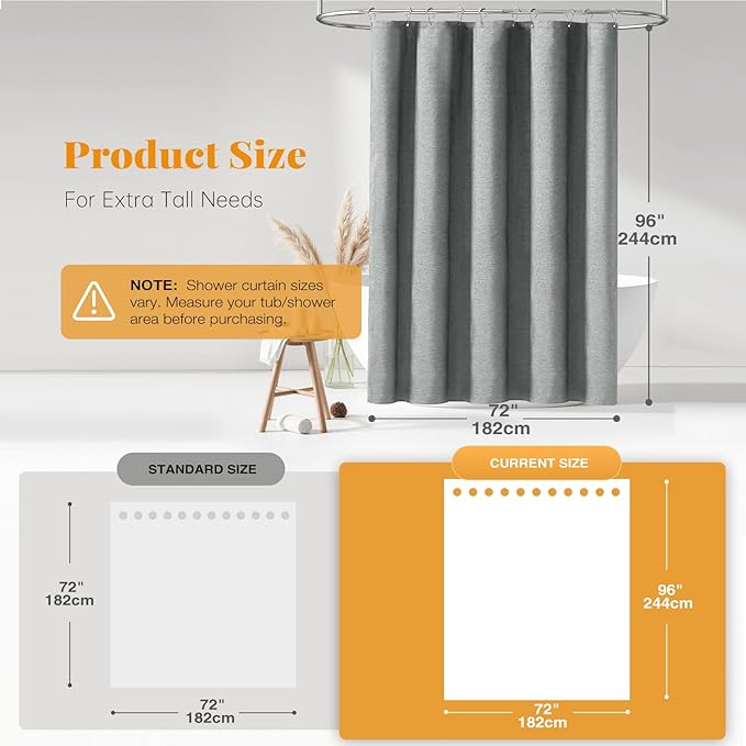 BTTN Extra Long Grey Fabric Shower Curtain, W72xH84 Linen Textured Heavy Duty Cloth Shower Curtain Set with Hooks, Waterproof Neutral Weighted Luxury Decorative Shower Curtains for Bathroom(Gray)