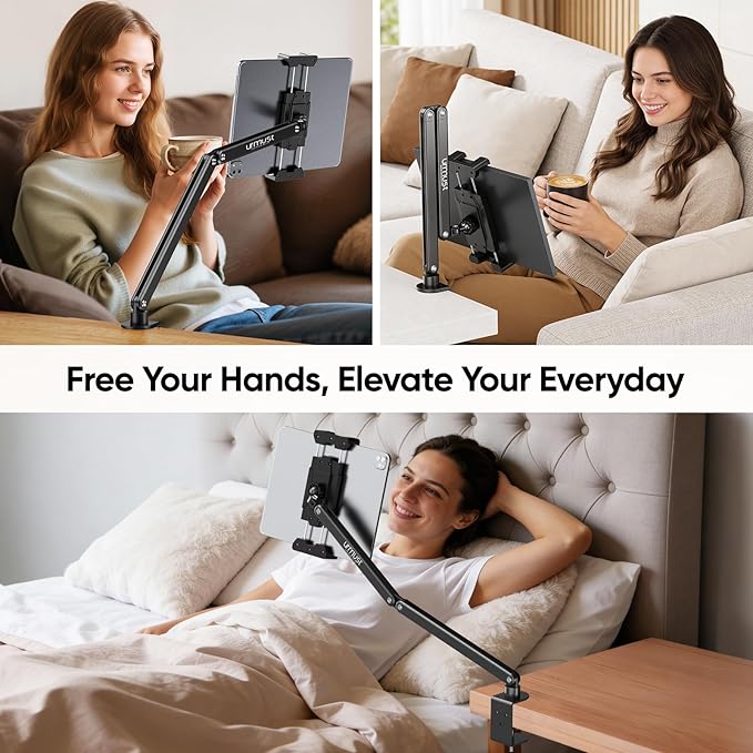 Urmust Portable Monitor Stand 15.6", iPad Stand for Desk, Portable Monitor Holder up to 18.5", Adjustable Desktop Tablet Arm Mount, Apple iPad Holder for Desk, for 4.7"-12.9" iPad Pro/Air/Mini