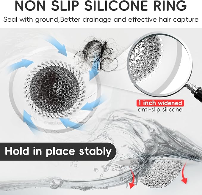 Drain Hair Catcher: for Bathtub & Shower (Fast Drainage), Reversible 304 Stainless Steel Protector. Fits Pop-Up & Regular Bathroom Drains (Silvery White)