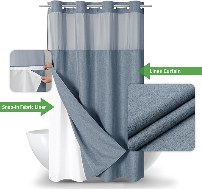 Stall No Hooks Needed Linen Textured Shower Curtain with Snap-in Fabric Liner Set,Hotel Luxury Decor Shower Curtains for Bathroom,Waterproof & Washable,60Wx74H,Blue Grey