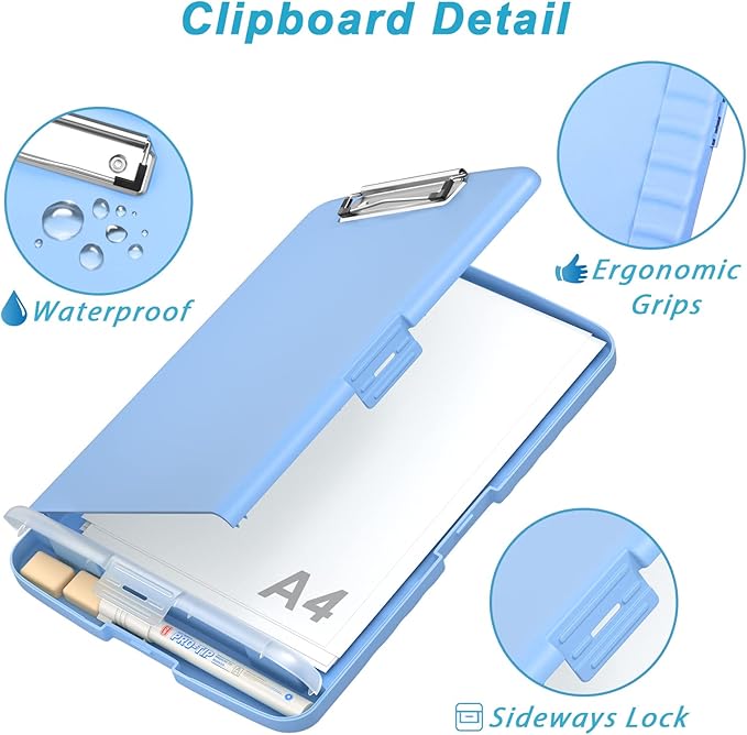 Rimilak Plastic Clipboard with Storage, 8.5 x 11 High Capacity Folio Nursing Case with Pen Holder, Size 14.2 x 9.6 x 1.2″ Folder Side-Opening for Classroom, Teacher, Student, Smooth Writing, Blue