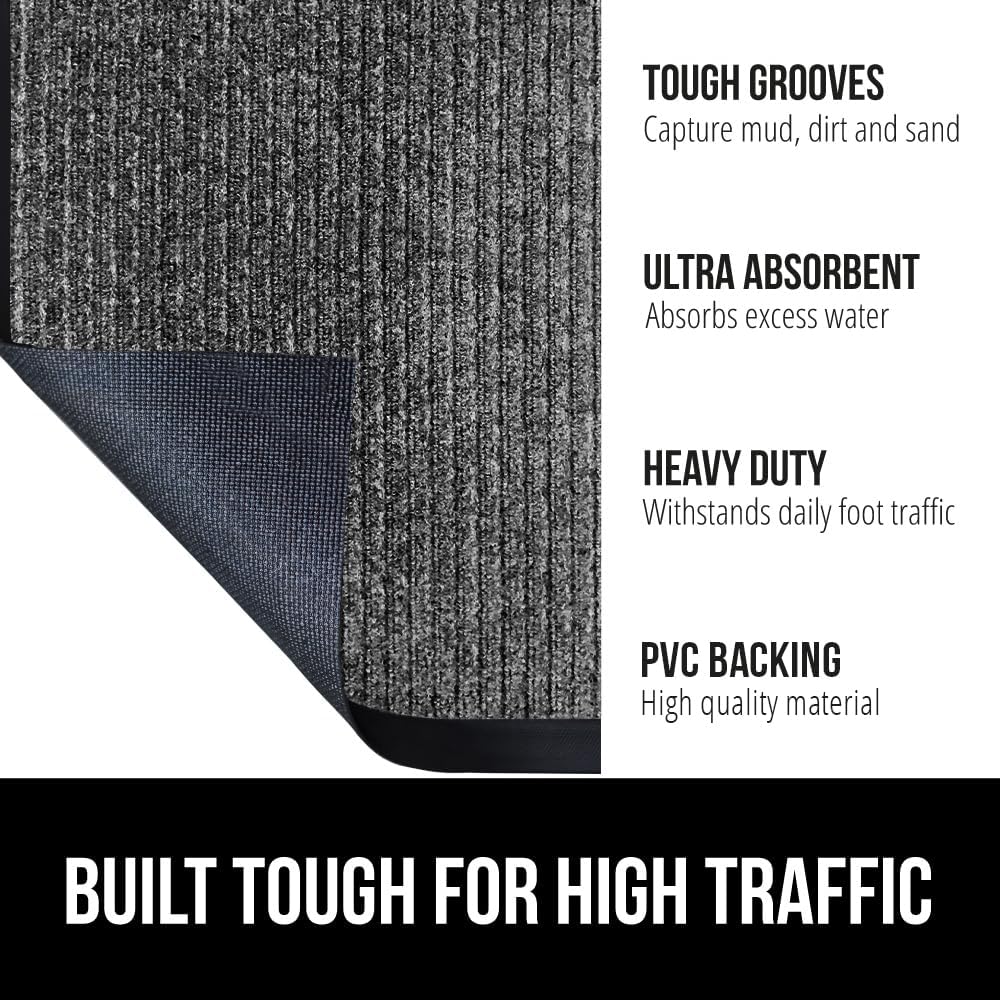 GORILLA GRIP Traffic Guard Door Mat, 59x24, Heavy Duty Welcome Mats, Commercial Office Space Doormat, Waterproof, Fade Resistant, Strong Rubber Backing, Low Profile, Shoe and Boot Scraper, Light Gray