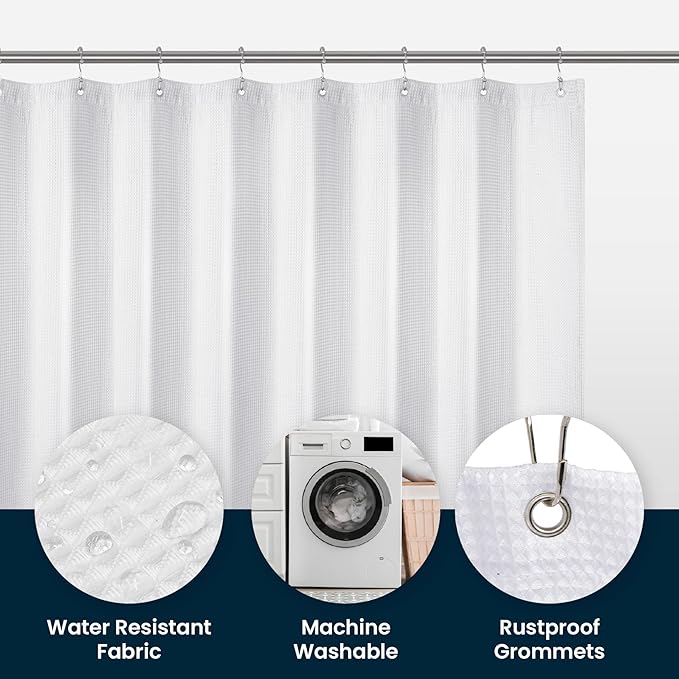 LiBa Waffle Weave Fabric White Shower Curtain, 72 W x 72 H Water Repellent & Heavyweight, Hotel Quality & Cloth Linen Shower Curtains Set and for Bathroom