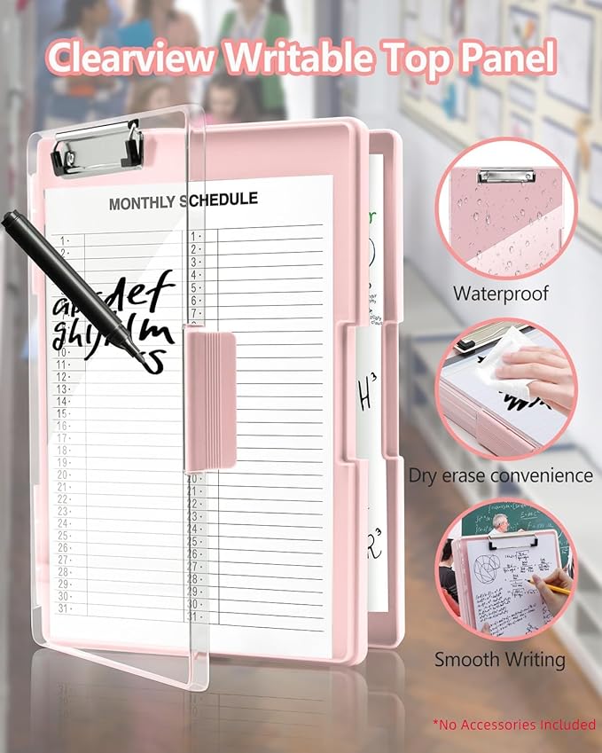 Clearview Clipboard with 2 Storage, Dry Erase 8.5x11 Heavy Duty ClipBoards - High Capacity Coaches Clip Board with Pen Holder - Side Opening Plastic Nursing Clip Case (Pale Pink)