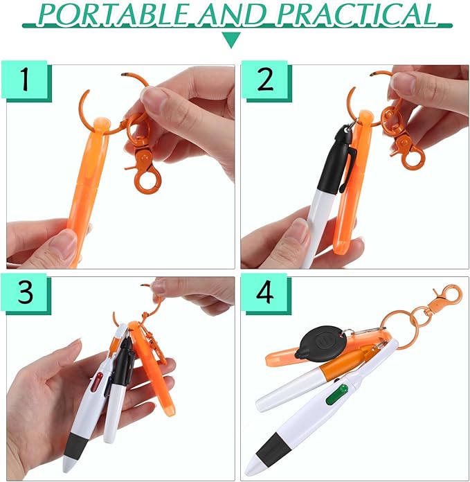 Chinco 30 Pcs Retractable Shuttle Pen Clip with Mini Highlighter Nurse Badge Pen Neon Marker LED Keychain Ring Clip