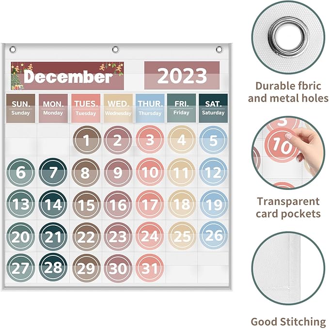 Monthly Calendar Pocket Chart for Classroom, Printed Days of The Week with Cards, Learning for Home or Kindergarten, Teacher Must Have Supplies That Fits Any School Décor (White)