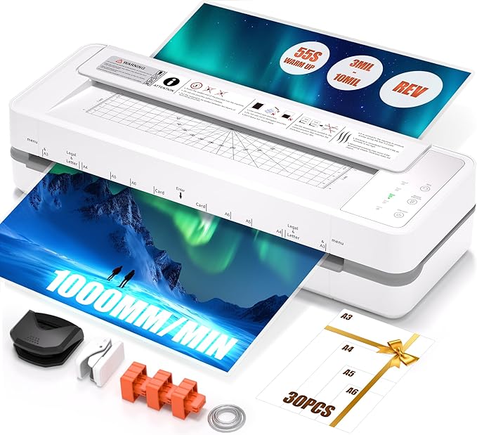 13" 4-Roller Commercial Laminator Machine, 3-10 Mil Thickness Laminating Machine, Fast 55s Warm-Up & 1000mm/min Laminating Speed for Laminating 11x17 & A3 Size, Includes 30 Sheets for Office, School