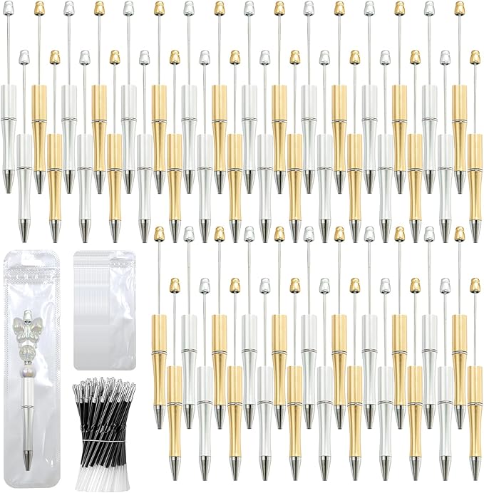 150 Pieces DIY Beadable Pen Kit – 500 Plastic Ballpoint Pens with Refills & Bags – School Supplies, Office Accessories & Decorative Items for Students & Teachers (Silver and Gold)