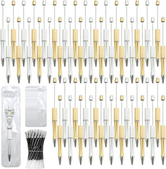 150 Pieces DIY Beadable Pen Kit – 500 Plastic Ballpoint Pens with Refills & Bags – School Supplies, Office Accessories & Decorative Items for Students & Teachers (Silver and Gold)