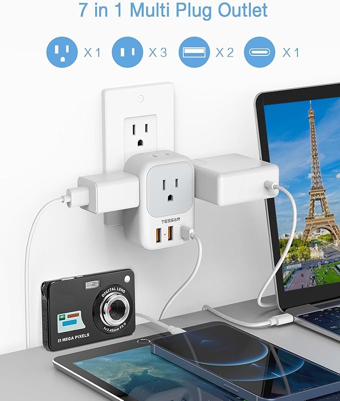 20W PD Multi Plug Adapter, TESSAN 3 USB Wall Charger Multiports (1 USB C Fast Charger), Cube Charging Station for Cruise, Home, Office, Dorm Essentials