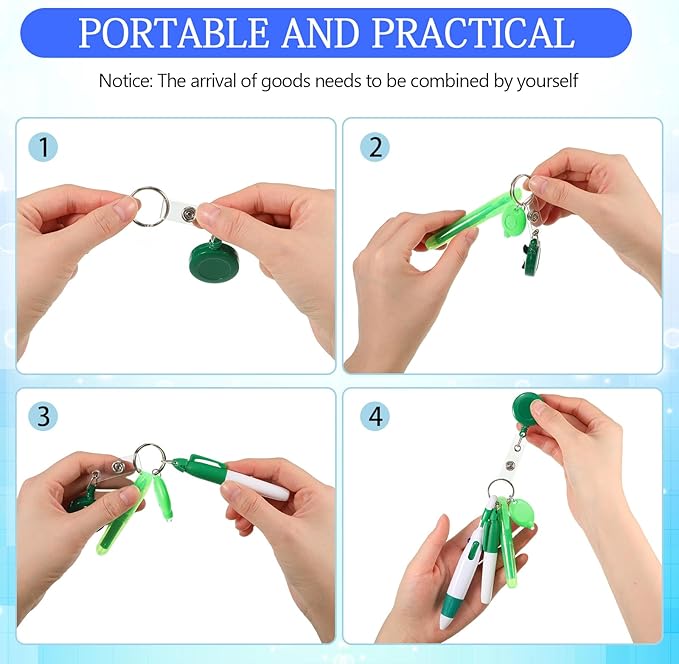 Chinco 30 Pcs Retractable Shuttle Pen Clip with Mini Highlighter Nurse Badge Pen Neon Marker LED Keychain Ring Clip