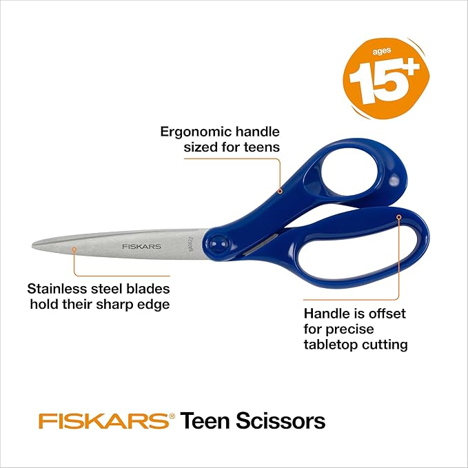 Fiskars 8" Teen Scissors for Teens Ages 15+, Scissors for School or Crafting, Back to School Supplies, Blue