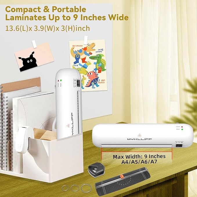 Laminator Machine 9-Inch Portable Thermal Laminater with Hot & Cold Modes, A4 Small Laminating Machine with ABS Jam-Release, 3-Min Warm-Up, 6-in-1 Photo Laminator Kit for Home and Class, White