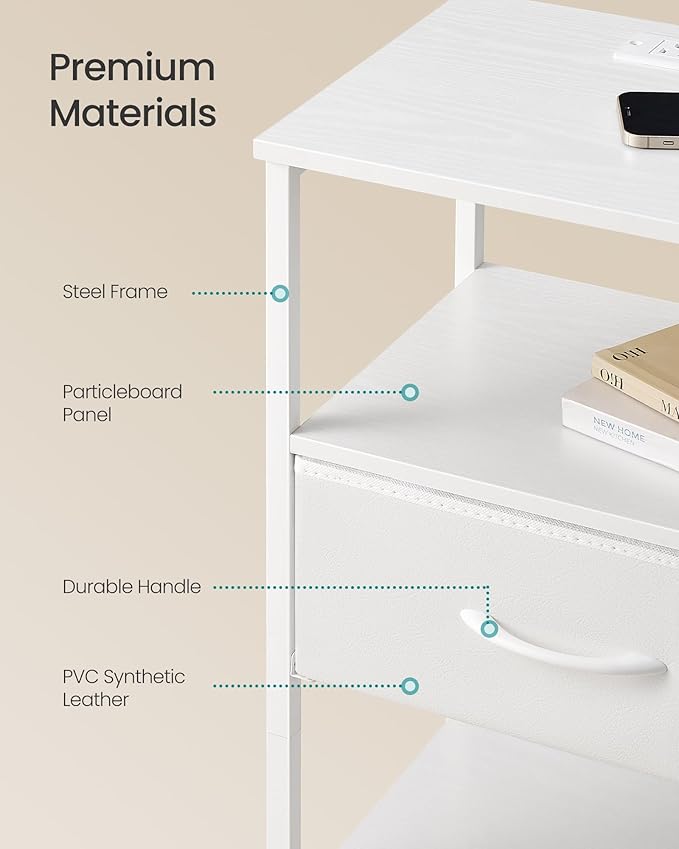 SONGMICS BELLAH Collection - Nightstand with Charging Station and App-Controlled Adjustable LED Lights, Bed Side Table, 1 Drawer and 2 Open Shelves, Bedroom, Cloud White and Snow White ULGS301WH01S