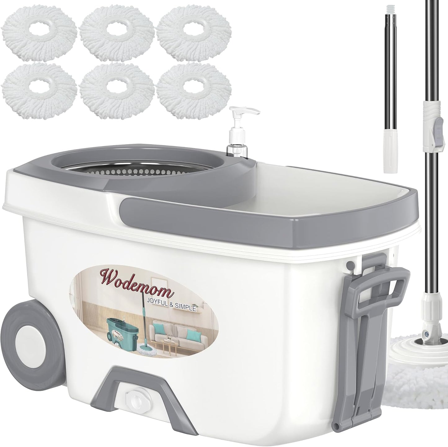 Mop and Bucket with Wringer Set,Spin Mop and Bucket System, Mops for Floor Cleaning,Household Supplies Tools with 6 Replacement Refills,61" Extended Handle for Household Hardwood Floor - White
