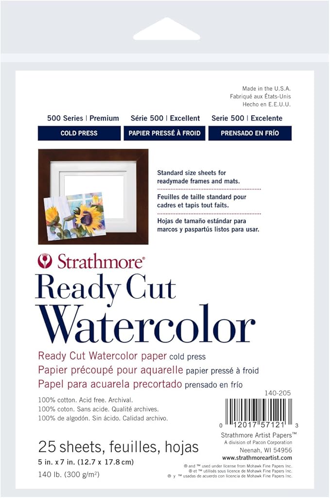 Strathmore 140-205 Ready Cut Watercolor, Cold Press, 5" x 7", White, 25 Sheets,Multicolor
