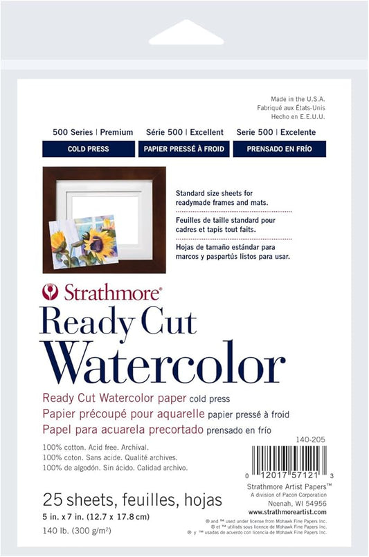 Strathmore 140-205 Ready Cut Watercolor, Cold Press, 5" x 7", White, 25 Sheets,Multicolor