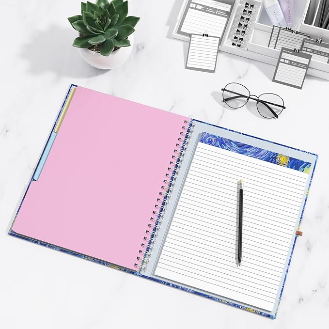 Rimilak Spiral Clipboard Folio with Refillable Lined Notepad, 14.5 x 9.8 In, Hardcover Cover with 5 Interior Pockets, Elastic Band and Pen Loop Series. Cute Stylish Clipfolio, Starry Sky