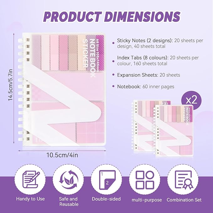 2Pcs Multi-Functional Sticky Note Combination Notebook, 220 Stickers +60 Inner Pages. Suitable for Office and Study Supplies (Pink)