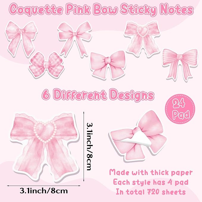 Bright Colors Sticky Notes - 72 Pcs Pink Bow Super Sticky Notes Pens Ribbons Set Strong Adhesive Self-Stick Sticking Power Memo Note Pads Page Markers Office Products School Supplies