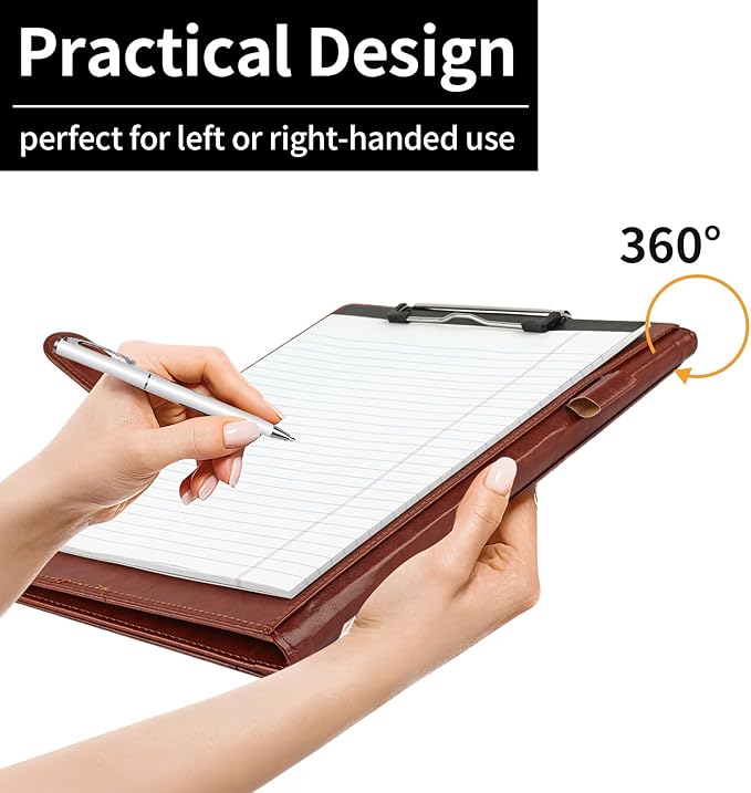 Professional Padfolio with Clipboard, Faux Leather Portfolio Folder Binder, Legal Pad Holder for A4 Letter Size Notepad, Resume, Writing Pad, Ideal Organizer for Business Office Conference (Brown)