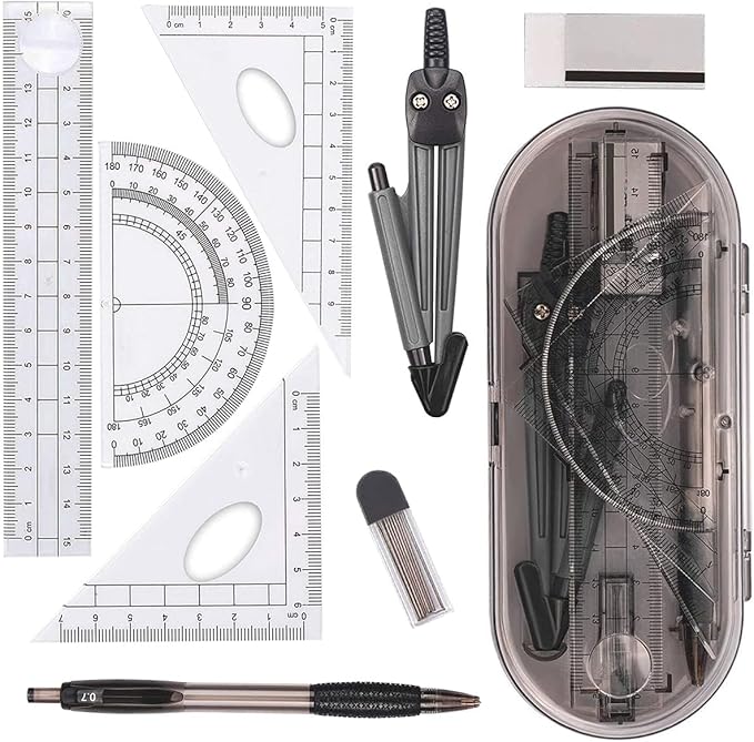 Math Geometry Kit Set 8 Pieces Student Supplies with Shatterproof Storage Box,Includes Rulers,Protractor,Compass,Pencil Lead Refills,Pencil,Eraser.for Students and Engineering Drawings