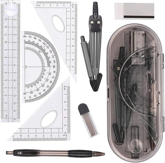 Math Geometry Kit Set 8 Pieces Student Supplies with Shatterproof Storage Box,Includes Rulers,Protractor,Compass,Pencil Lead Refills,Pencil,Eraser.for Students and Engineering Drawings