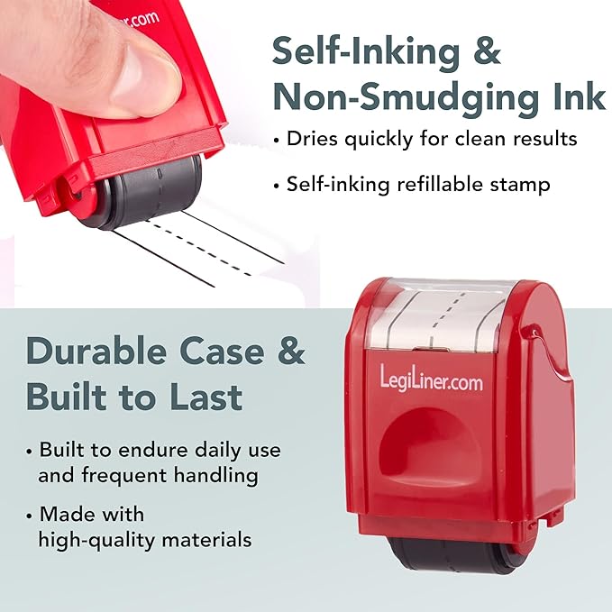 LEGILINER 3/4" Dashed Handwriting Line (RED) Teacher Stamp – Tri-Line Dashed Pattern. Classroom & Home Use. Refillable Ink Writing Practice Roller Stamp.