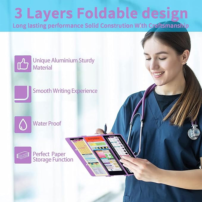 Foldable Nursing Clipboard with Storage - Portable & Compact Medical Clipboard for Nurses, Doctors, and Students - Includes Medical Reference Cheat Sheets and Pen Holder(Purple)