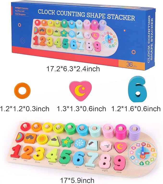 QZMTOY Preschool Educational Learning Montessori Toys for Kids, Toddler Puzzles Number Shape Sorter Counting Stacker with Clock Weather, Boys Girls Activities Math Game Gift for Age 3 4 5 Years