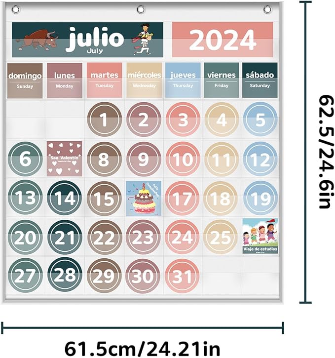 Monthly Calendar Pocket Chart for Classroom, Printed Days of The Week with Cards, Learning for Home or Kindergarten, Teacher Must Have Supplies That Fits Any School Décor (Spanish White)