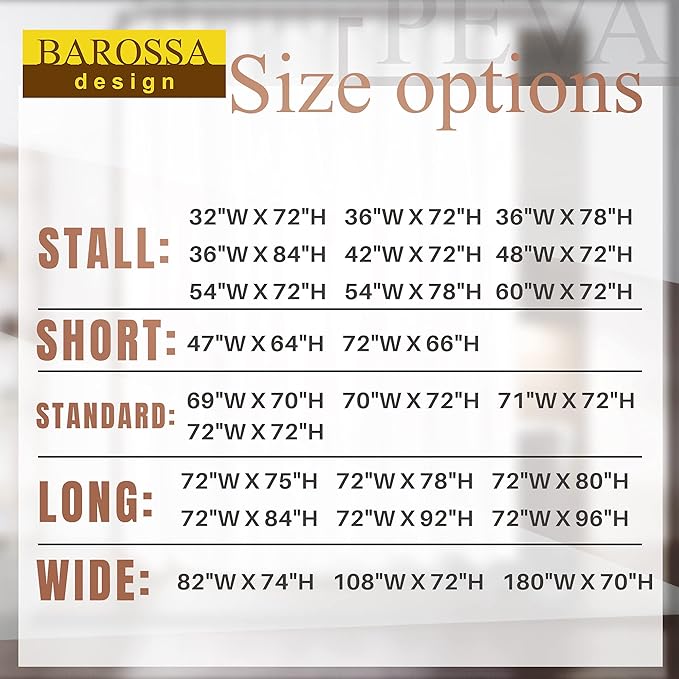 Barossa Design Small Shower Curtain for Shower Stall Size 36 x 72 inches,PEVA - Waterproof, Eco-Friendly, Non-Toxic, Odorless, PVC Free, Metal Grommets (Clear)