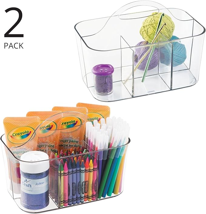 mDesign Plastic Portable Craft Storage Organizer Caddy Tote, Divided Basket Bin w/Handle - Craft, Sewing, Art Supplies - Holds Brushes, Colored Pencils - Lumiere Collection - Clear, 2 Pack