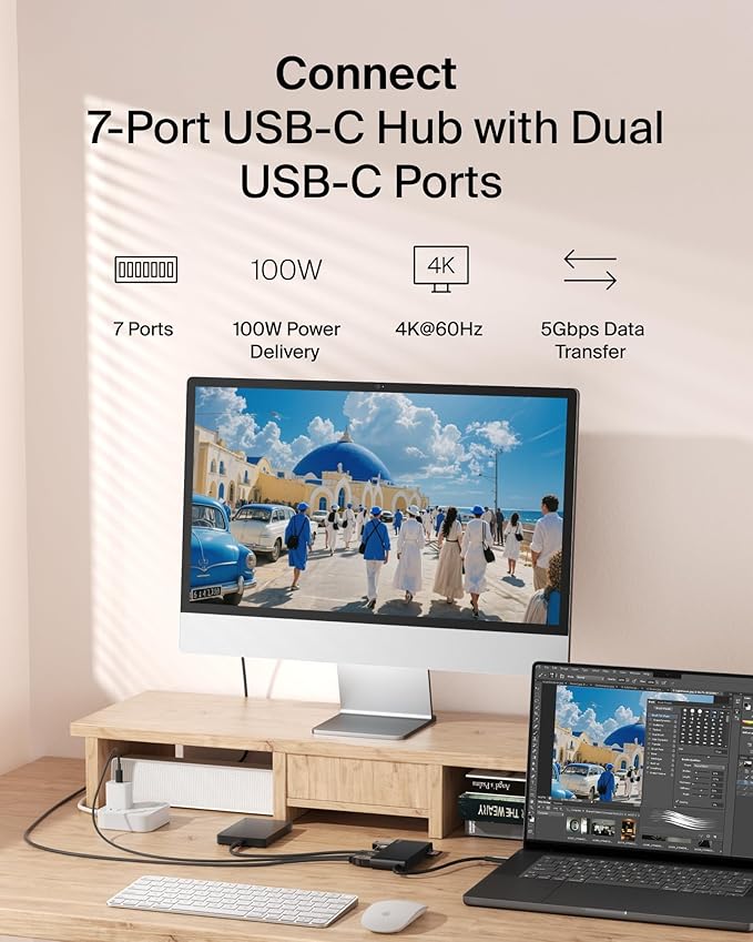 Belkin USB C Hub, 7-Port Hub w/ 4K HDMI Display @ 60Hz, SD & MicroSD, 100W Power Delivery, Fast Data Transfer 5Gbps, USB C Multiport Adapter for MacBook, iPad Pro, Chromebook, etc. - Upgraded HDMI 2.0
