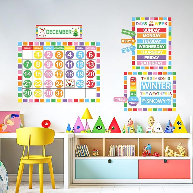 Rainbow Classroom Calendar Bulletin Board Set Colorful Calendar Bulletin Board Set for Rainbow Classroom Decoration with Hook and Loop Dot Stickers