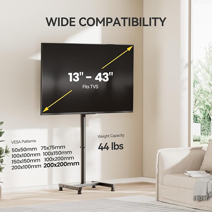 AM alphamount TV Floor Stand for 13-43 inch Flat/Curved TVs up to 44 lbs, 8 Level Height Adjustable Monitor Floor TV Stand with VESA 200x200, Portable TV Mount Stand for Living Room, Bedroom, Office