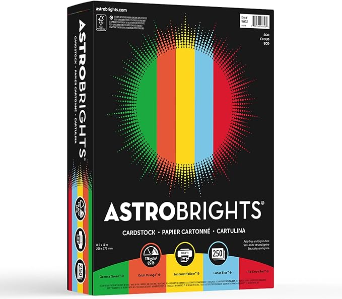 Astrobrights® Color Card Stock, Assorted Colors, Letter (8.5" x 11"), 65 Lb, 30% Recycled, FSC® Certified, Pack Of 250
