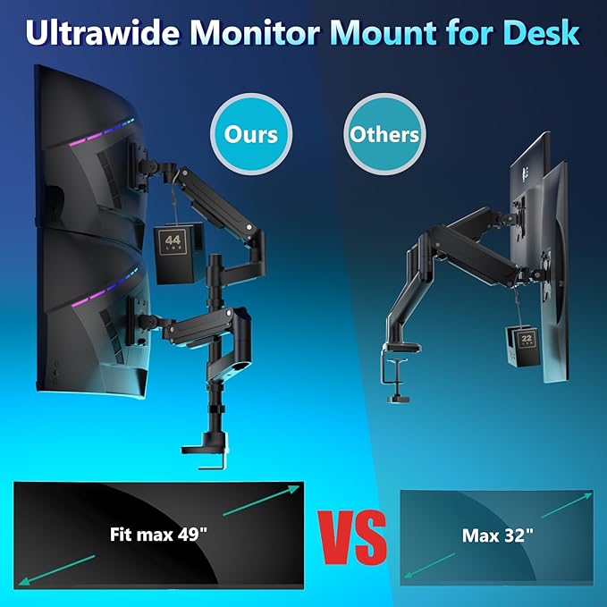 WALI Dual Monitor Mount for Ultrawide Heavy Duty Curved Monitor Stacking, Dual Monitor Arm Fits 13-49 Inch for Ultrawide Screens up to 44lbs, 49 inch Monitor Arm, Black