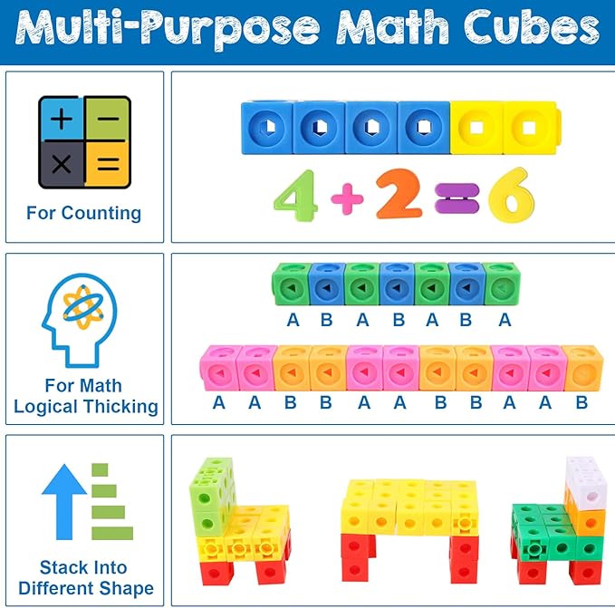 Libima 318 Pcs Math Counting Cubes Linking Counting Blocks with Stem Cards Building Block Linking Cube Connecting Manipulatives Preschool Math Counter Games Back to School Supplies