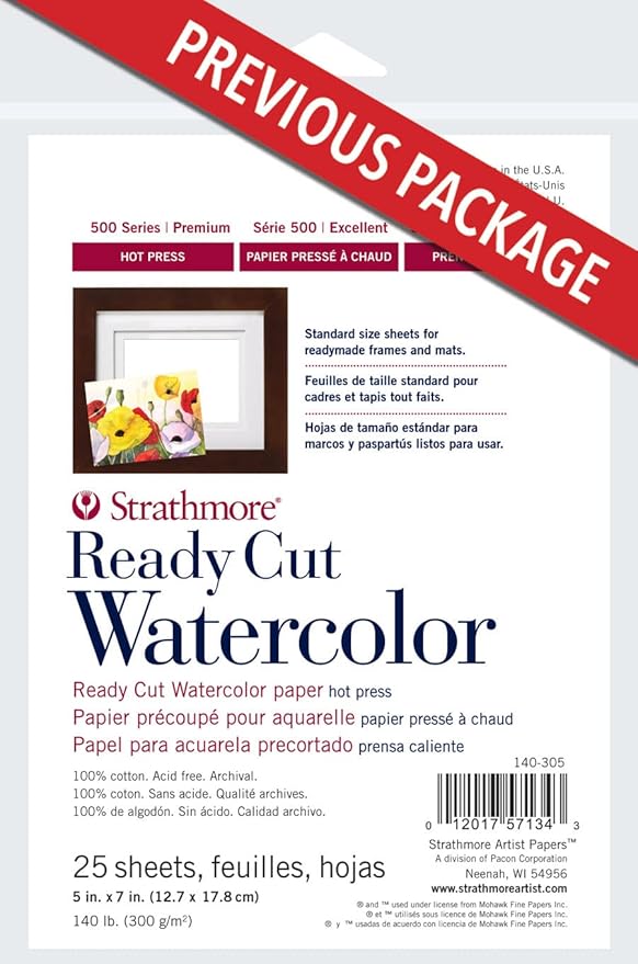 Strathmore 140-305 500 Series Ready Cut Watercolor Paper, 140 lb. Hot Press, 5"x7", 25 Sheets, Multicolor