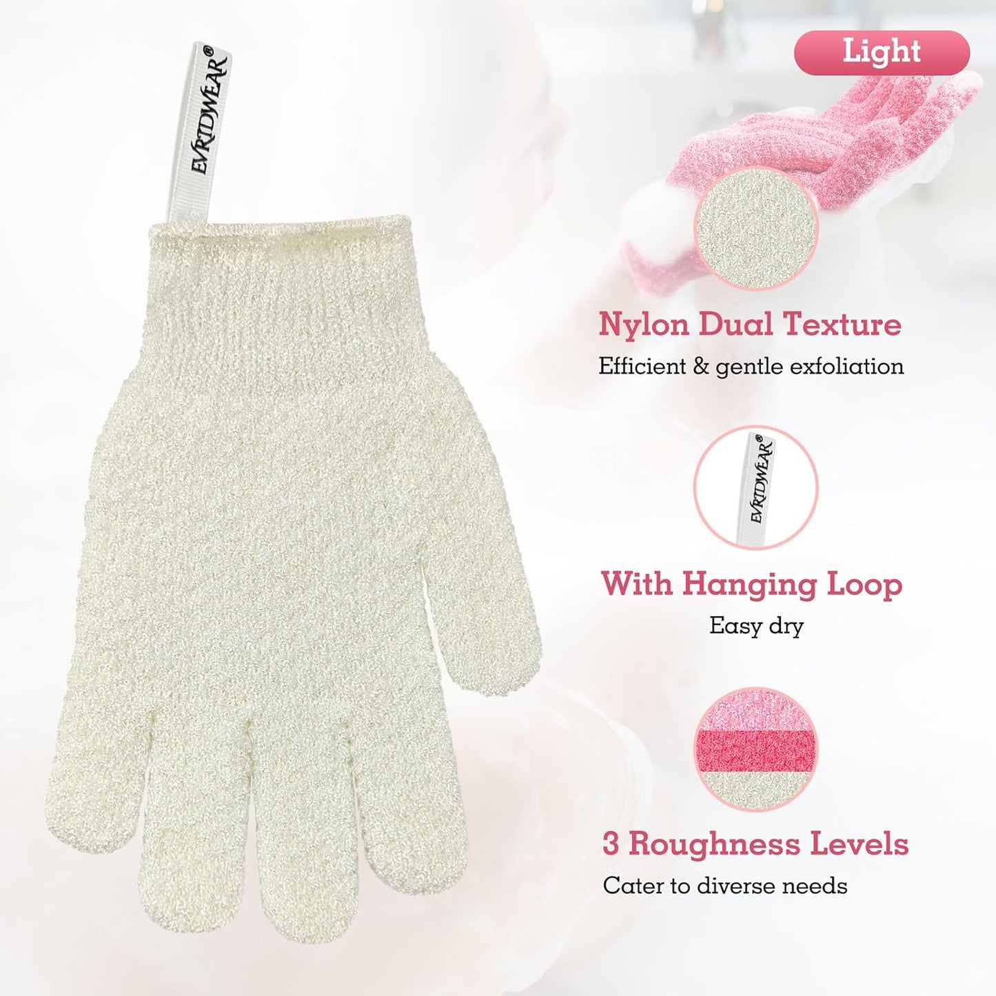 Evridwear Exfoliating Gloves for Shower, 100% Nylon Thick Soft Medium Heavy Bathing Gloves Dead Skin Remover Body Scrubber Smooth Skin with Hang Loop, 1 Pair Light White